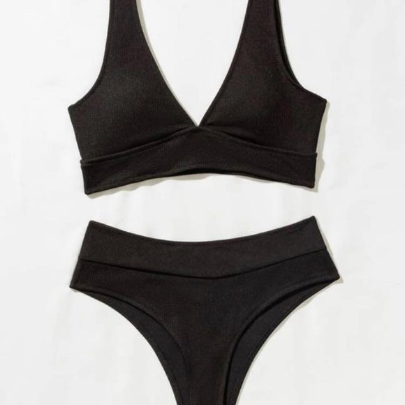 Black rib high waisted bikini